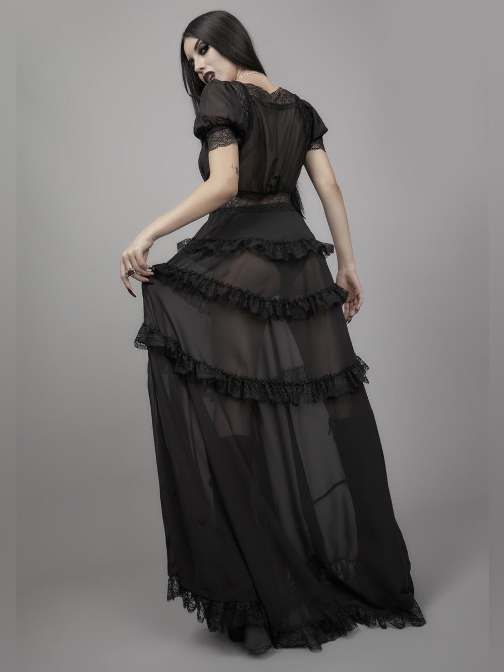 Dolls Kill Widow Perpetual Night Maxi Dress Medium Black Sheer Lace Goth Romance - Picture 4 of 10